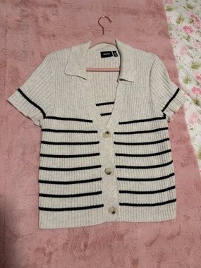 RD Style Ivory Ribbed Collar Cardigan Short Sleeve Top